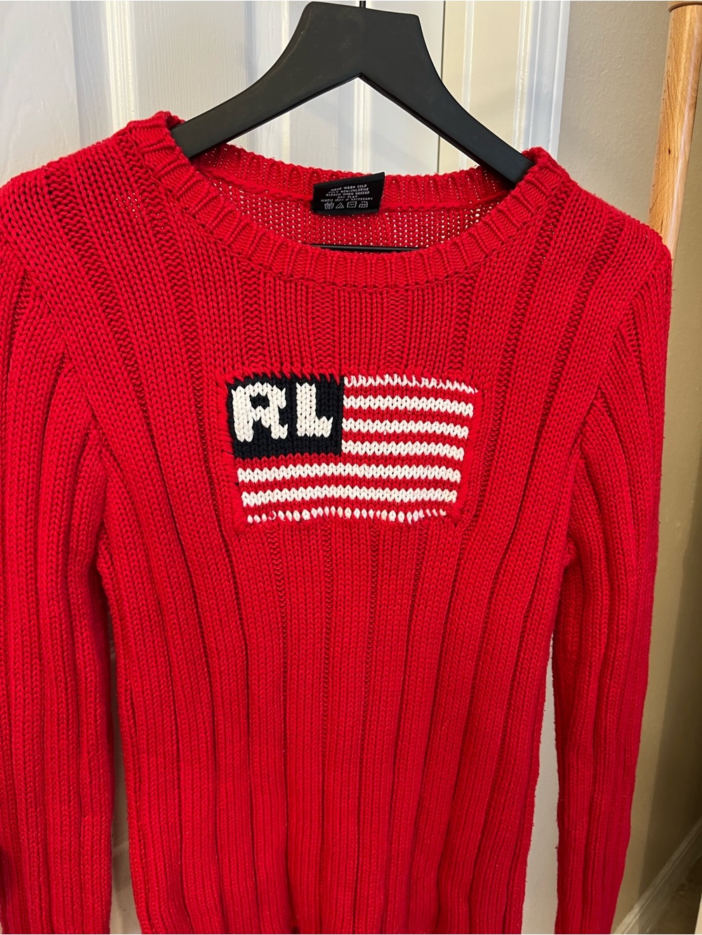 Vintage 90’s Ralph Lauren Red Ribbed Crewneck Sweater with Flag Patch - Picture 3 of 7